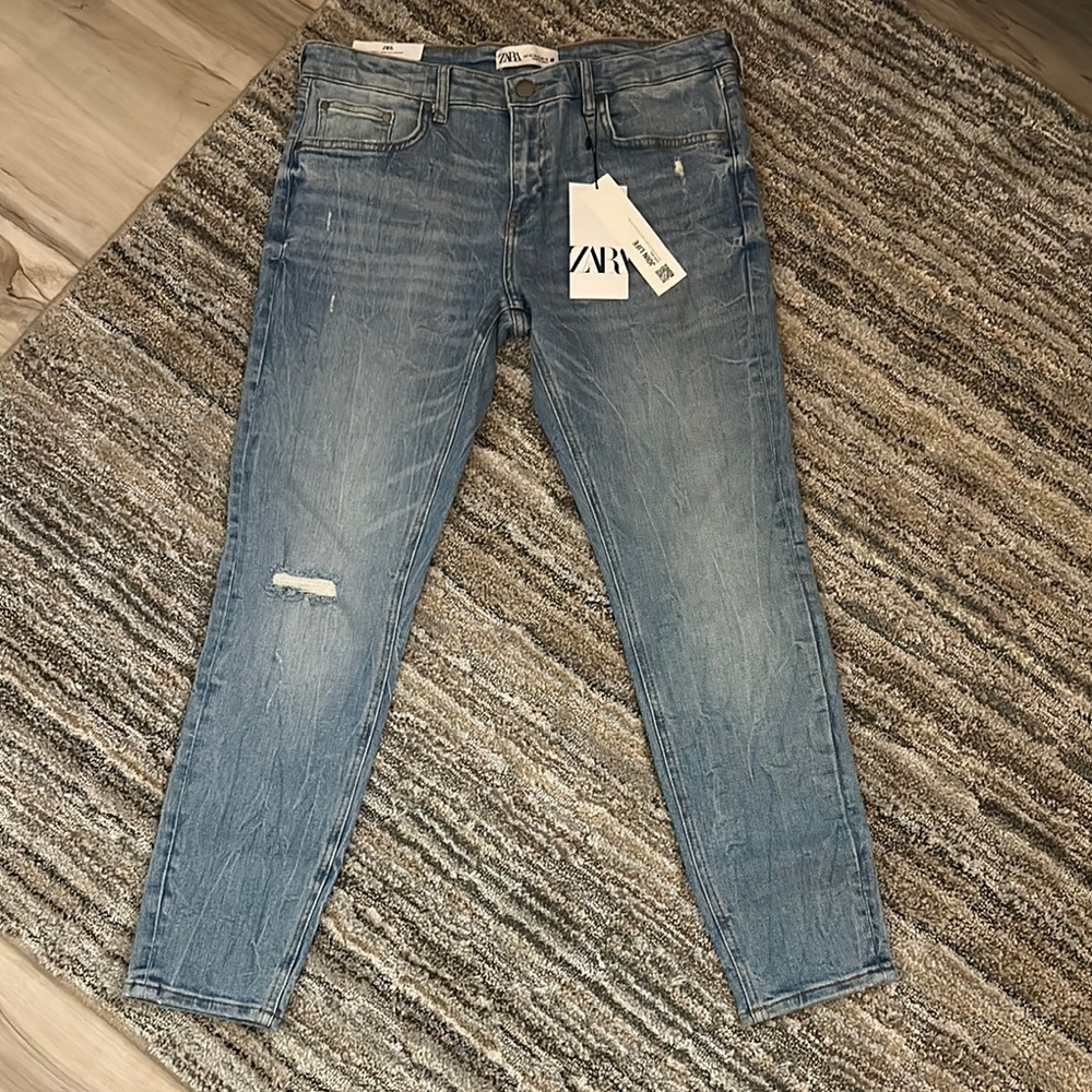 Zara Chiara Blue Distressed Mid Waist Skinny Jeans